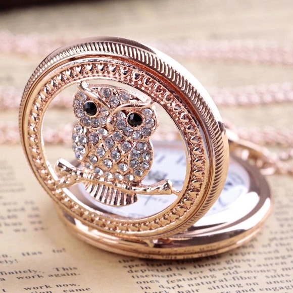 Owl Crystal NEW Pocket Watch Copper Tone Jewel Encrusted Gift Owls Bird - Picture 2 of 4